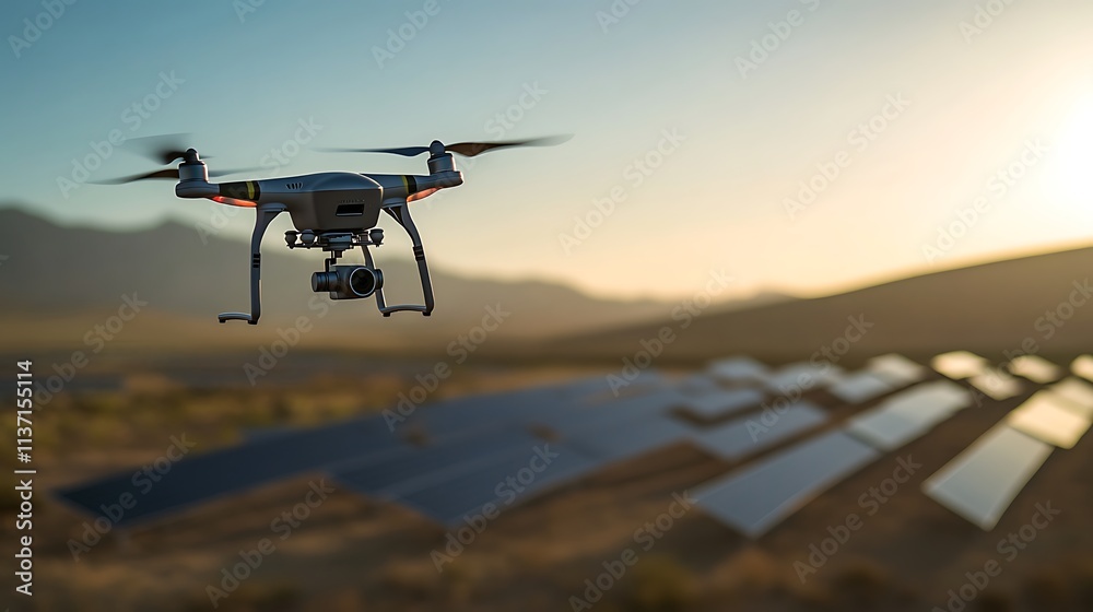 Drone Flying Over Solar Panels In Desert Landscape Drone Flying Over Solar Panels In Desert Landscape