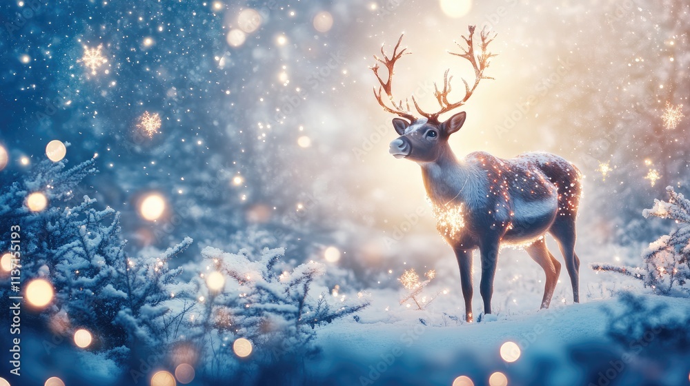 Majestic Reindeer in Snowy Winter Landscape with Soft Glowing Lights