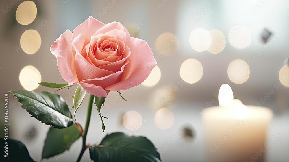 Fototapeta premium Valentine rose idea. Elegant pink rose illuminated by soft candlelight, creating a romantic atmosphere.
