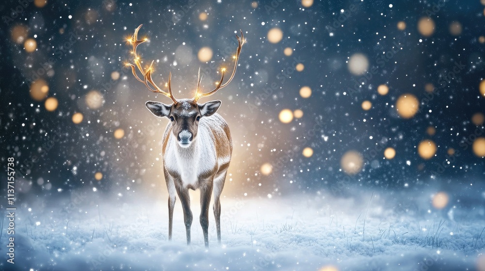 Majestic Reindeer in a Winter Wonderland with Glittering Snowflakes Majestic Reindeer in a Winter Wonderland with Glittering Snowflakes