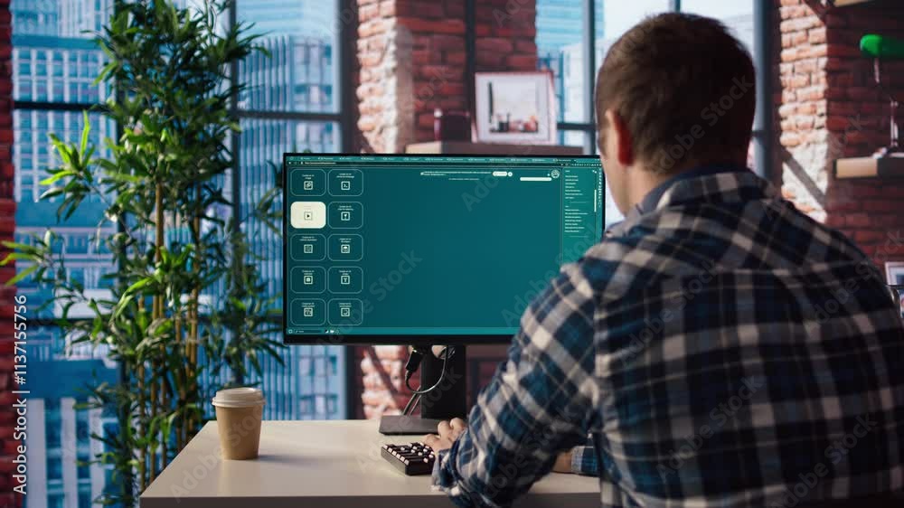 Man in home office using generative artificial intelligence website generating videos using diffusion models. Person wearing headphones using AI virtual assistant producing clips for him, camera A