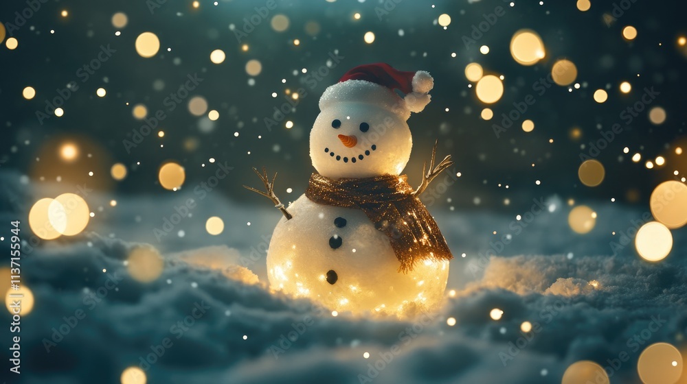 Obraz premium Charming Snowman with Santa Hat Surrounded by Glittering Lights