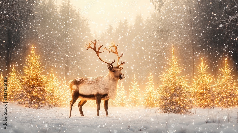 Majestic Reindeer in a Snowy Forest Surrounded by Glowing Trees Majestic Reindeer in a Snowy Forest Surrounded by Glowing Trees