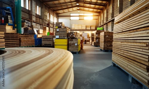 A sunlit wood workshop showcasing stacked lumber for construction.