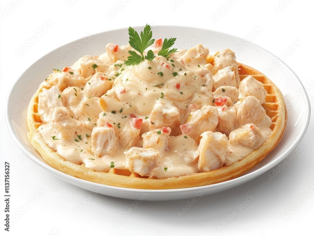 A dish featuring chicken and creamy sauce served on a waffle, garnished with parsley. A dish featuring chicken and creamy sauce served on a waffle, garnished with parsley.