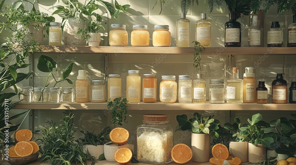 Fototapeta premium Natural shelves with skincare products and citrus decor
