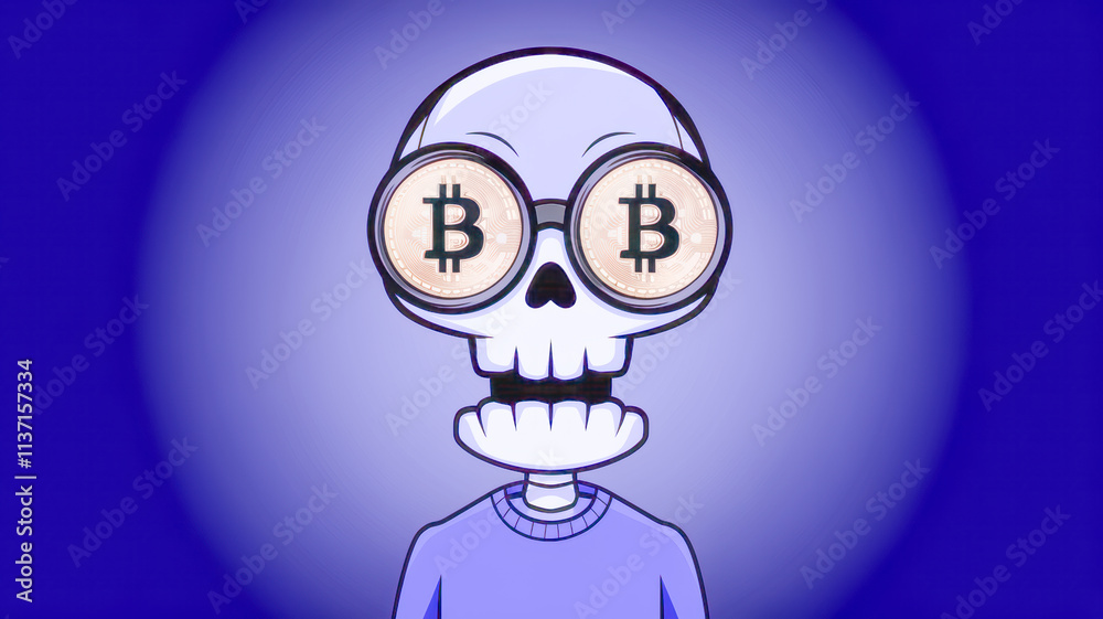 Bitcoin Obsession Depicted in Skeleton Art with Copy-Space Bitcoin Obsession Depicted in Skeleton Art with Copy-Space