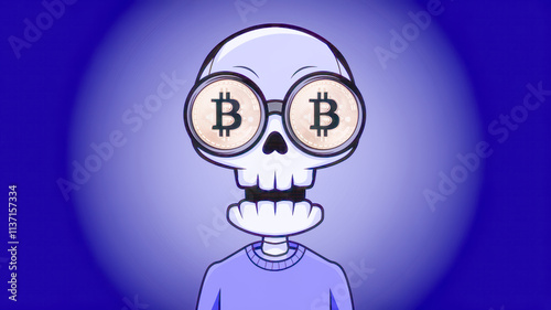 Bitcoin Obsession Depicted in Skeleton Art with Copy-Space