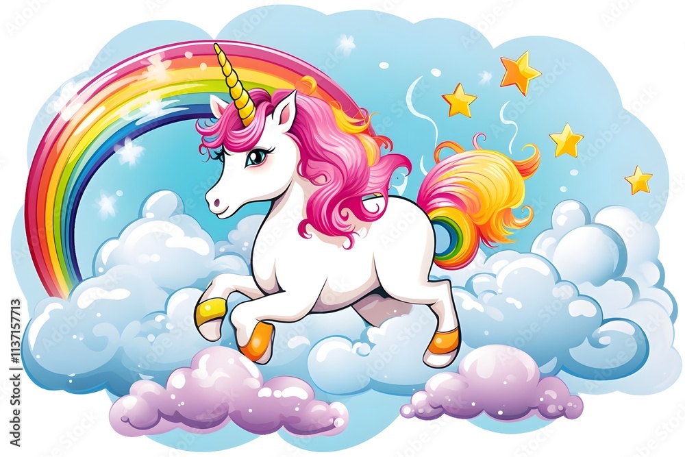 Fototapeta premium Vector cartoon cute unicorn with rainbow mane on white background. Children's illustration. Magic. Wonderland. 