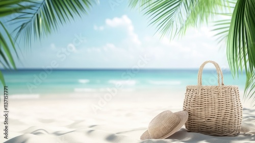 Wallpaper Mural Summer Beach Scene with Straw Bag and Hat on Sandy Shoreline Torontodigital.ca