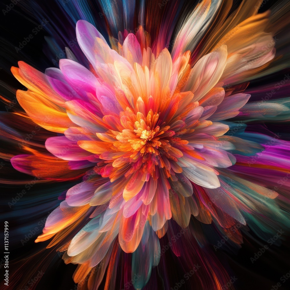 Obraz premium Creativity Startup Expansion concept. Vibrant abstract flower with colorful petals on a dark background.
