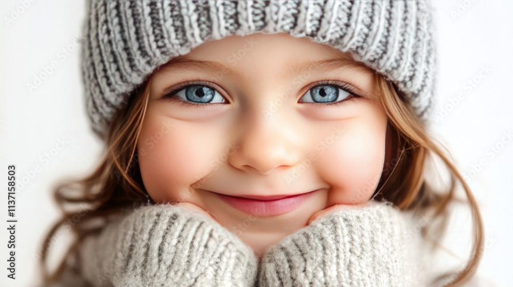 A close-up shot of a cheerful child dressed in a cozy gray hat and sweater, with an adorable smile and sparkling blue eyes. The warm, soft textures of the clothes and the joyful expression make this A close-up shot of a cheerful child dressed in a cozy gray hat and sweater, with an adorable smile and sparkling blue eyes. The warm, soft textures of the clothes and the joyful expression make this