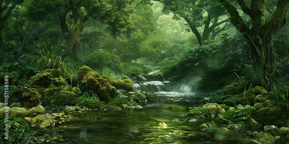 Forest Stream with Mossy Rocks and Lush Vegetation Forest Stream with Mossy Rocks and Lush Vegetation
