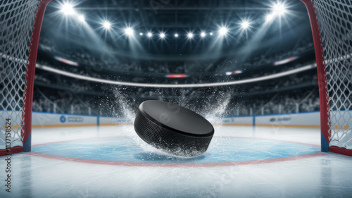 Action Shot of Hockey Puck in Goal Net with Copy-Space