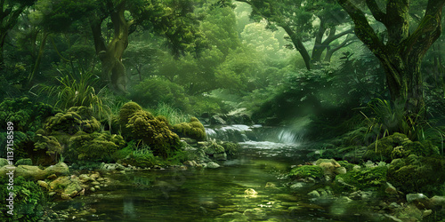 Forest Stream with Mossy Rocks and Lush Vegetation