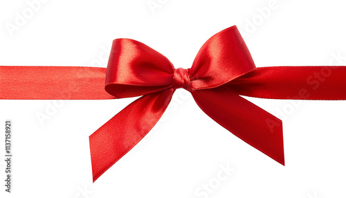 Red satin gift ribbon and bow isolated on transparent background, Christmas or birthday or Valentines Day holiday celebration, png