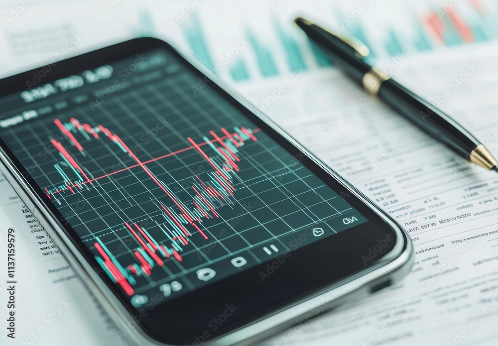 Smartphone Displaying Financial Chart with Pen on Paper Background Smartphone Displaying Financial Chart with Pen on Paper Background