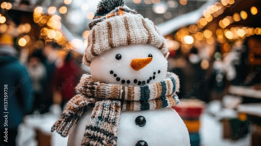 Snowman with Scarf and Hat in Festive Winter Market Scene