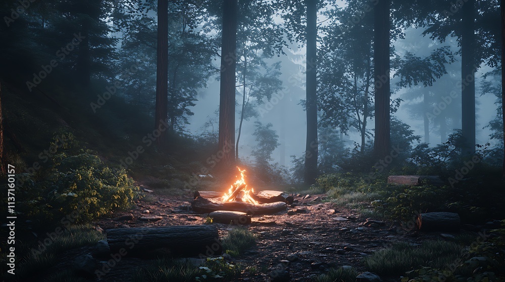 Campfire burning brightly in a misty forest at night Campfire burning brightly in a misty forest at night