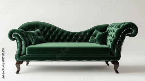 Elegant emerald green velvet chaise lounge with button tufting and wooden legs.