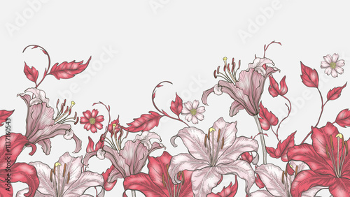 Floral border seamless pattern of elegant and feminine pink peonies and leave...