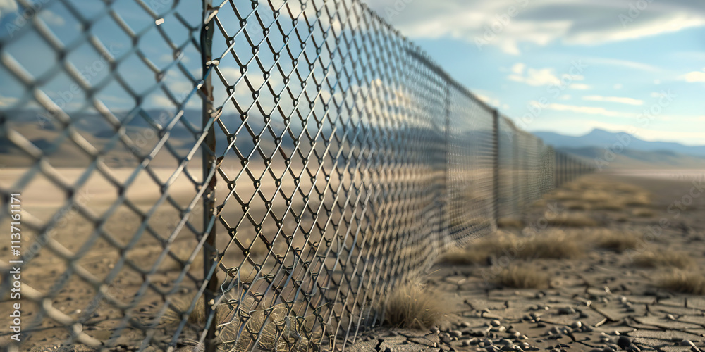 Fototapeta premium Chain-Link Fence in Arid Landscape