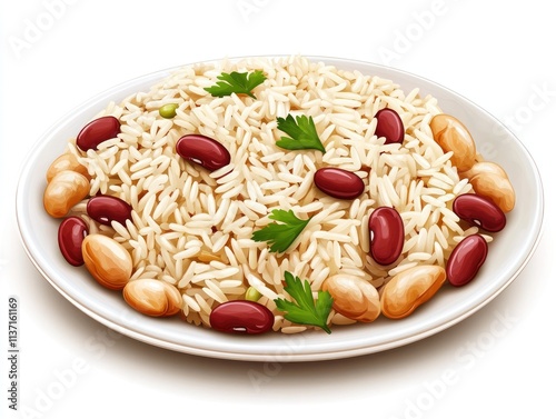 A plate of rice mixed with beans and garnished with herbs.