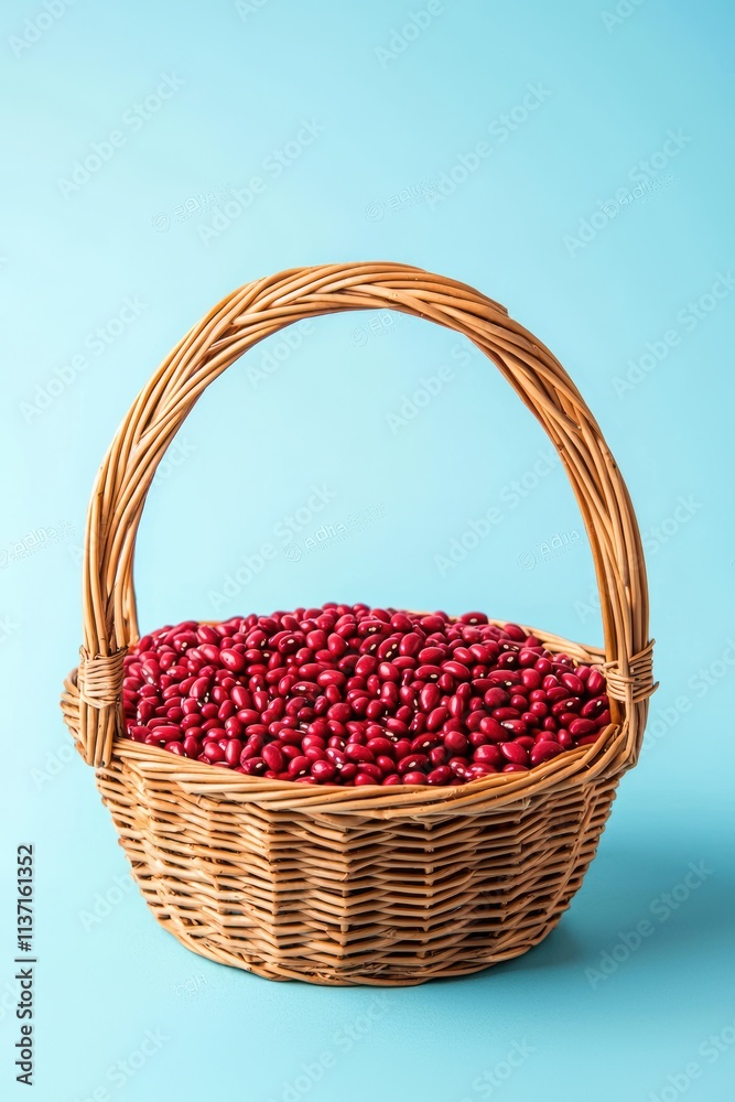 Wicker basket with red beans light blue background still life Wicker basket with red beans light blue background still life