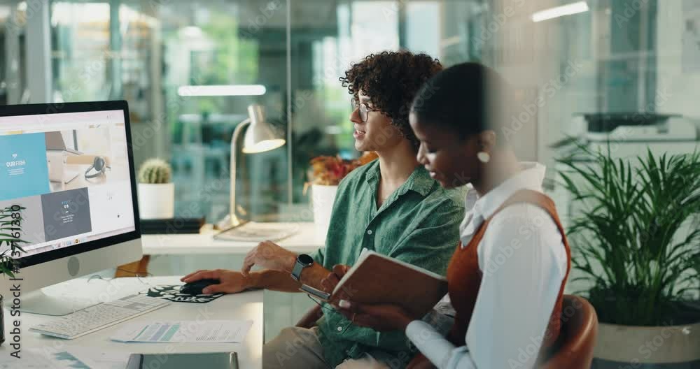Business people, team and ux designer on computer for discussion or software development in creative startup. Collaboration, planning or developer on website for design, training or update with notes