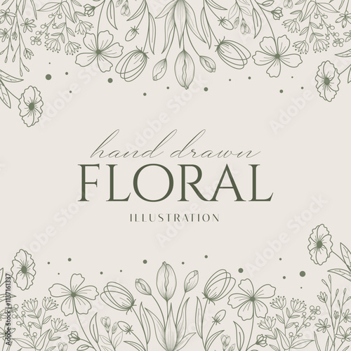 Elegance Wedding drawn mono-line floral botanical flower pattern background design