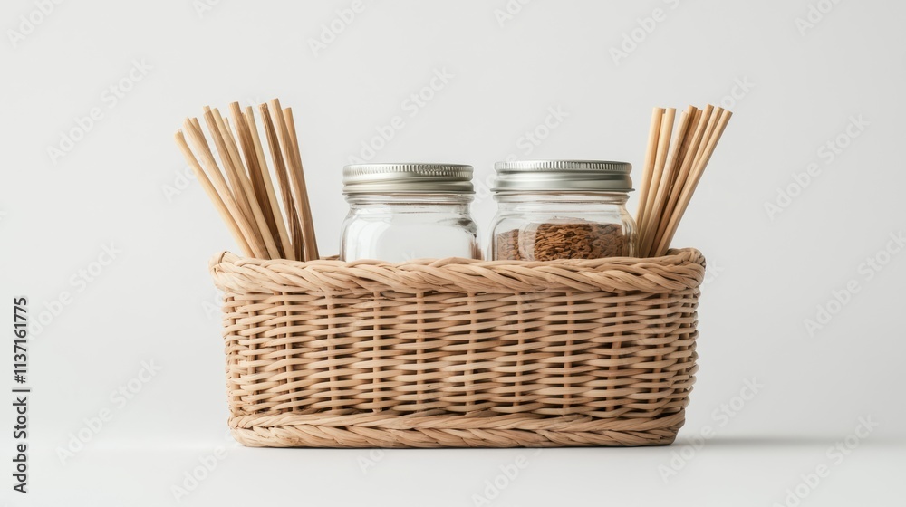 Bamboo storage basket with jars and sticks minimalist style home Bamboo storage basket with jars and sticks minimalist style home