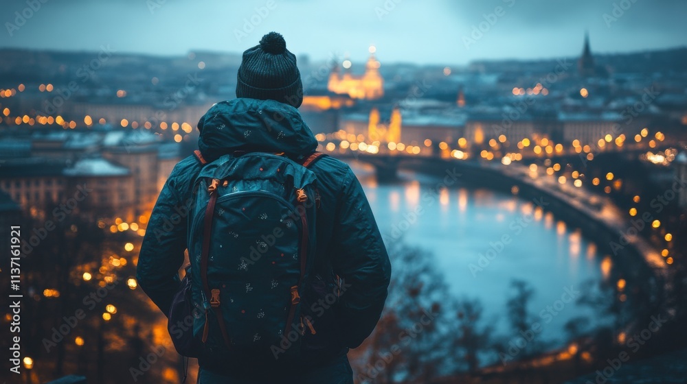 Contemplative Traveler Overlooking City Lights Contemplative Traveler Overlooking City Lights