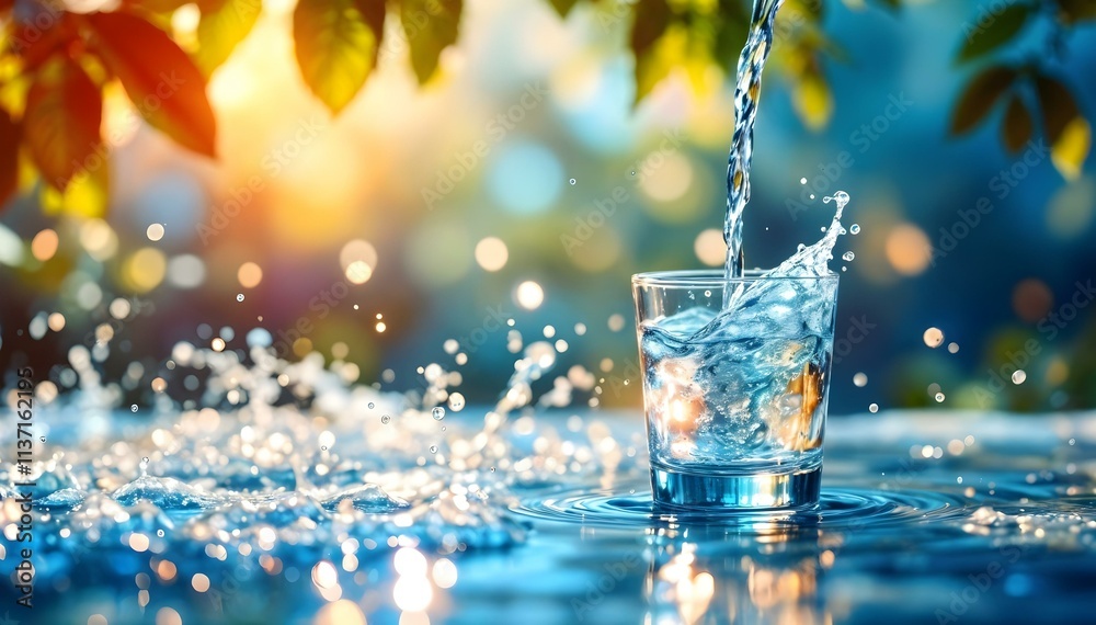 Pouring water into glass with ice cubes and splashes on blue background
