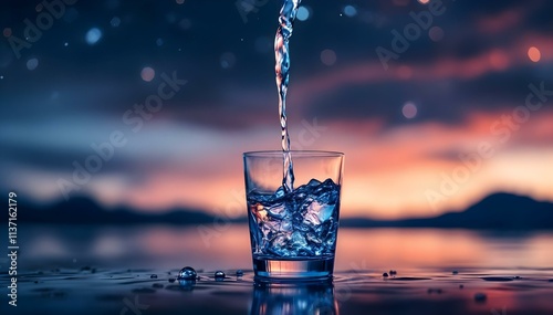 Pouring water into a glass on the background of a beautiful night