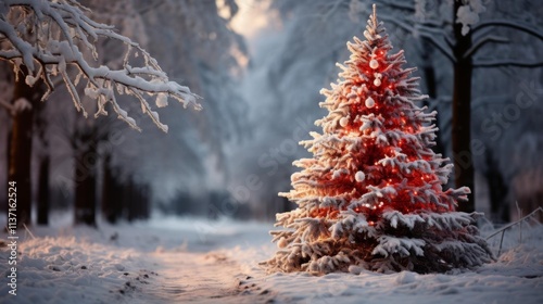 Wallpaper Mural A red christmas tree is surrounded by snow in a forest Torontodigital.ca