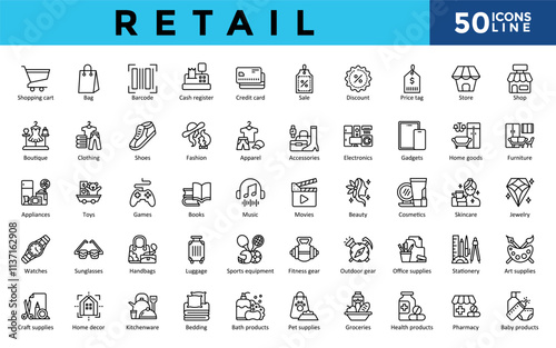 Retail icons set with shopping cart, bag, barcode, cash register, credit card, sale, discount, price tag, store, shop icon. Simple line vector 
