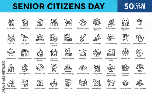 Senior Citizens Day icons set with active aging, aging in place, assisted living, baby boomers, caregiving, cognitive health, community centers, dementia care icon. Simple line vector 

