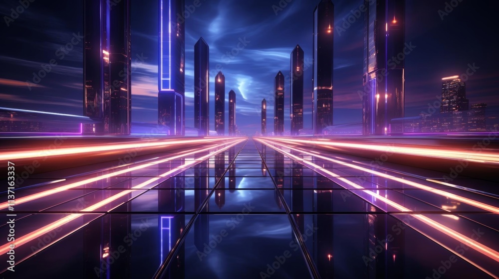 Fototapeta premium A futuristic cityscape with neon lights and tall buildings