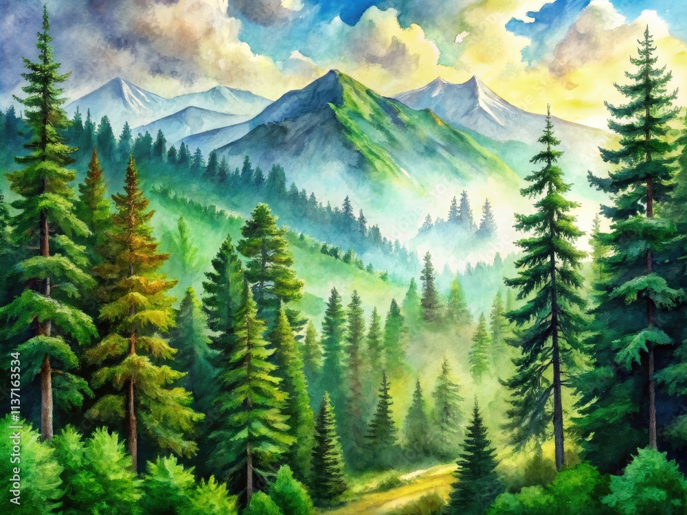 Fototapeta premium Serene watercolor landscape: mountains cradling a pine-filled forest, painted in vibrant greens.