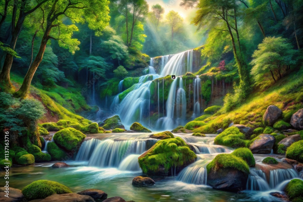 Serene watercolor painting of a waterfall cascading through a lush forest, rocks prominent.
