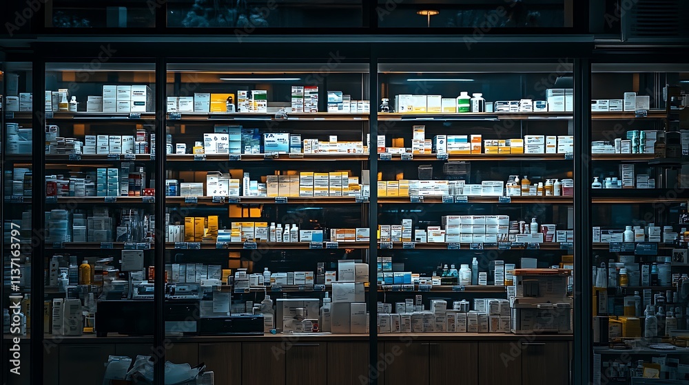 Well Stocked Pharmacy Shelves Displaying Various Medicines Well Stocked Pharmacy Shelves Displaying Various Medicines