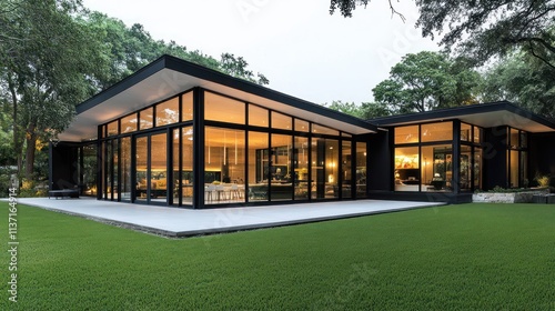 Modern black house with large windows, illuminated interior, and green lawn at dusk.