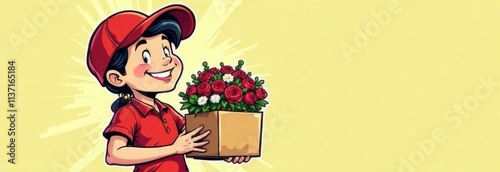 The courier holds a bouquet of flowers on the side, the background is light, flower delivery, free space for text
