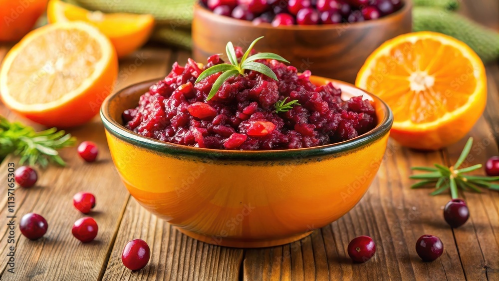 Fresh cranberry relish displayed in an orange bowl with a garnish of orange zest, suitable for a holiday table setting, cranberry