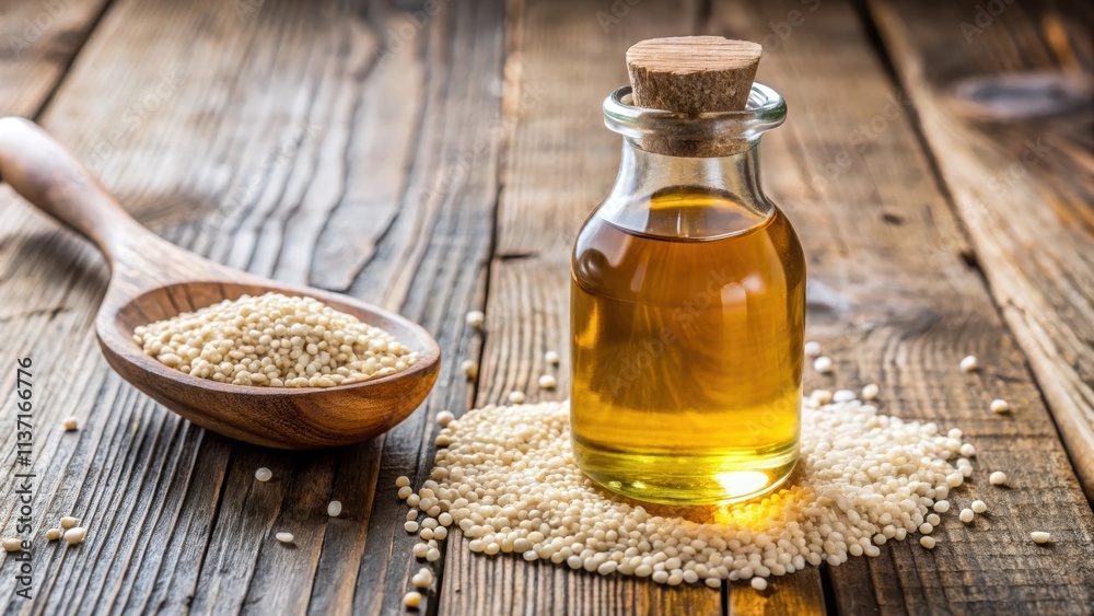 Sesame oil bottle next to sesame seeds on a wooden table, sesame oil, bottle, seeds, organic, natural, ingredient, cooking Sesame oil bottle next to sesame seeds on a wooden table, sesame oil, bottle, seeds, organic, natural, ingredient, cooking