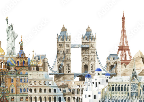 watercolor world landmarks, buildings, travel, white background clip art preview
