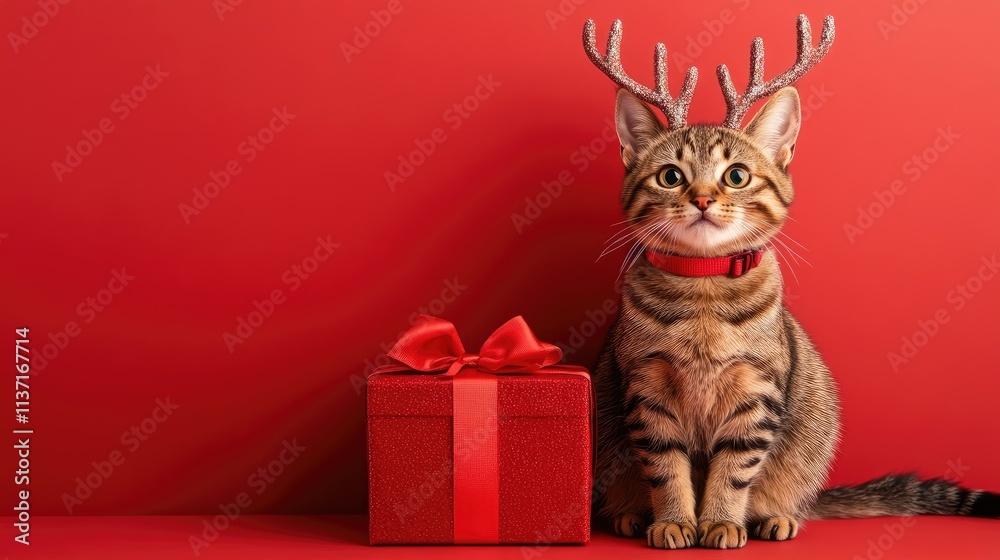 Adorable Cat with Antlers and Gift Box on Red Background Adorable Cat with Antlers and Gift Box on Red Background
