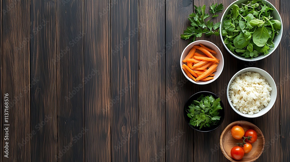 Top-down view of fresh vegetable preparation in a cozy kitchen atmosphere Top-down view of fresh vegetable preparation in a cozy kitchen atmosphere