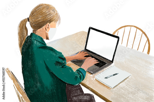 PNG working from home in the new normal color pencil illustration photo