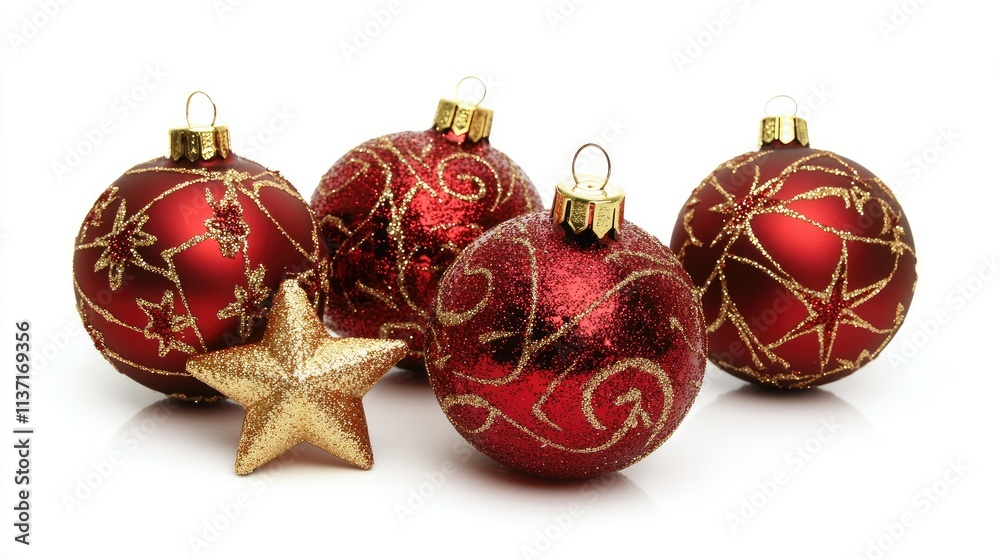 Decorative Red Christmas Ornaments and Golden Star on White Background